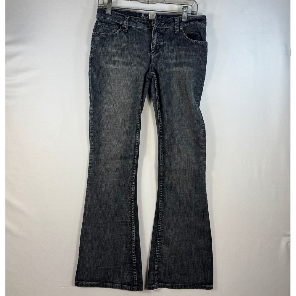 Mudd Womens Flare Jeans Dark Wash Low Rise Embroidered Back Pockets 29x31.5
